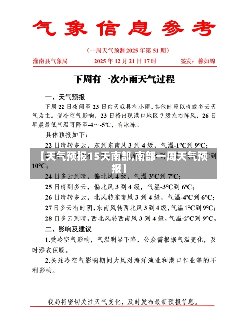 【天气预报15天南部,南部一周天气预报】